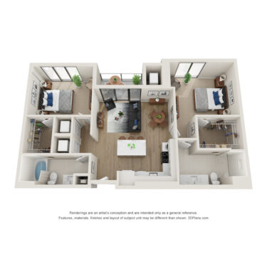 Rendering of the C floor plan with 2 bedroom[s] and 2 bathroom[s] at Evo