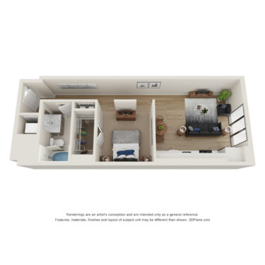 Rendering of the K floor plan with a Studio bedroom and 1 bathroom[s] at Evo