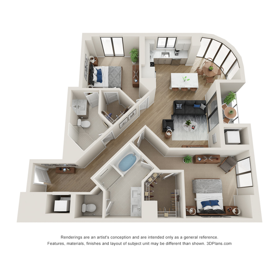 Rendering of the A - Select floor plan with 2 bedroom[s] and 2 bathroom[s] at Evo