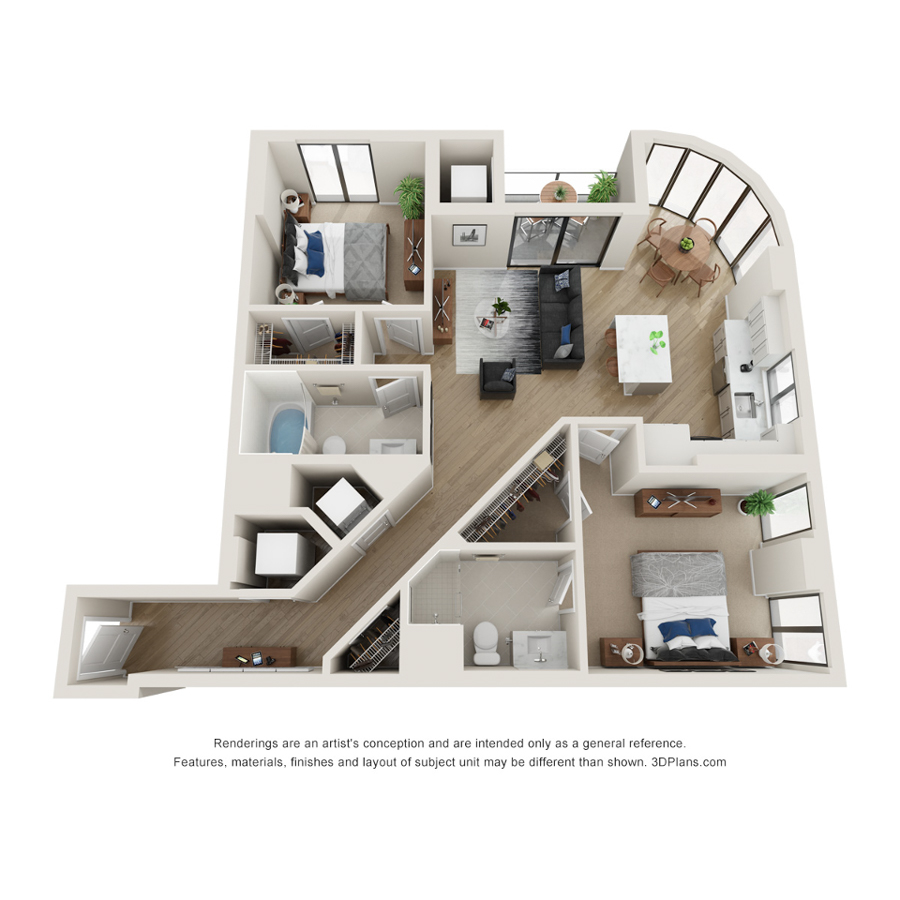 Rendering of the L floor plan with 2 bedroom[s] and 2 bathroom[s] at Evo