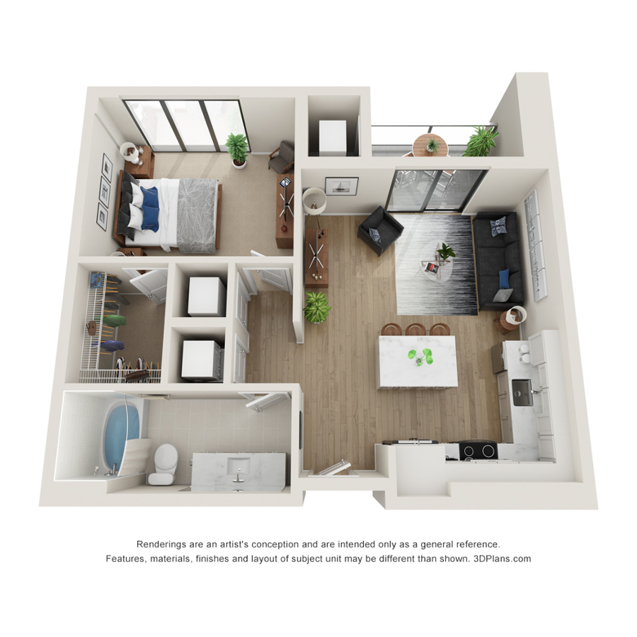 Rendering of the I floor plan with 1 bedroom[s] and 1 bathroom[s] at Evo