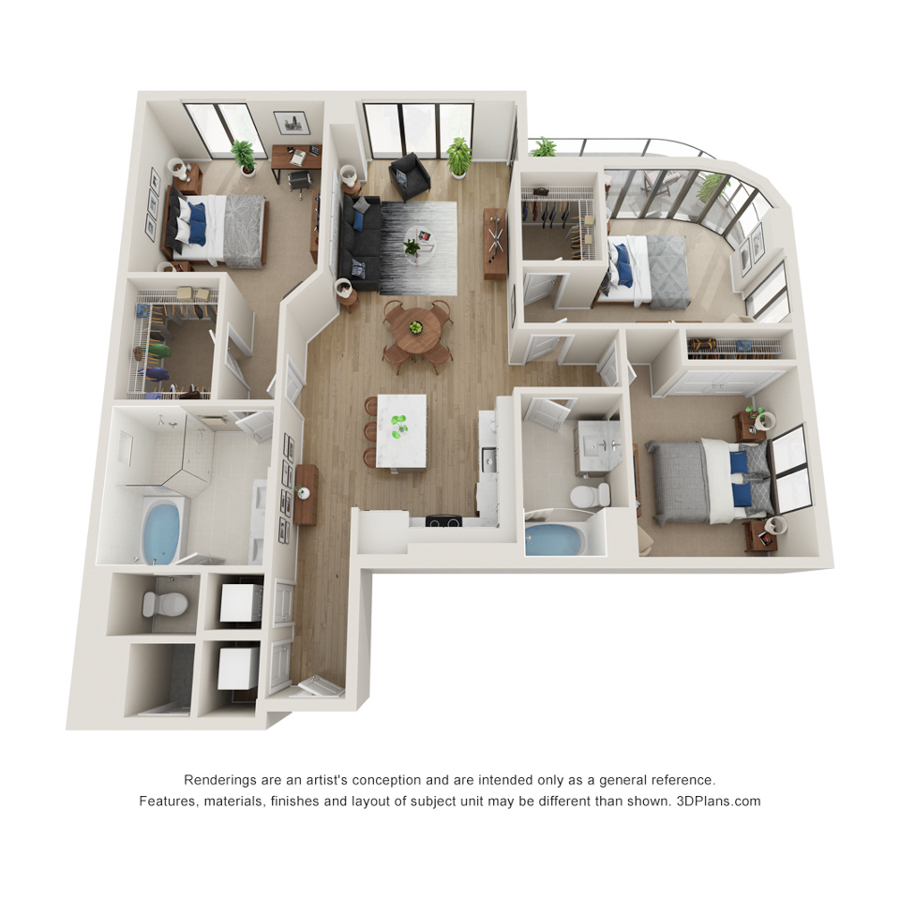 Rendering of the H - Select floor plan with 3 bedroom[s] and 2 bathroom[s] at Evo