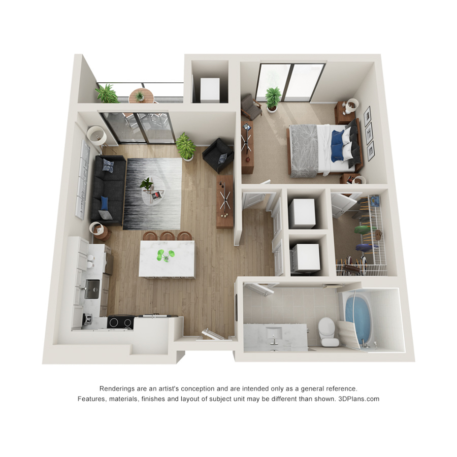 Rendering of the J floor plan with 1 bedroom[s] and 1 bathroom[s] at Evo