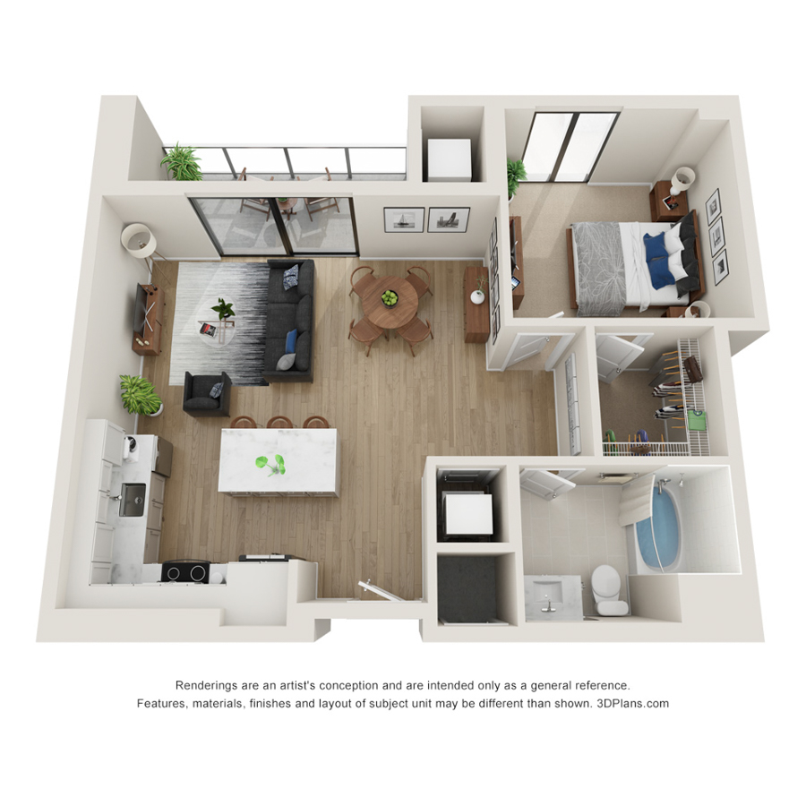 Rendering of the I.1 floor plan with 1 bedroom[s] and 1 bathroom[s] at Evo