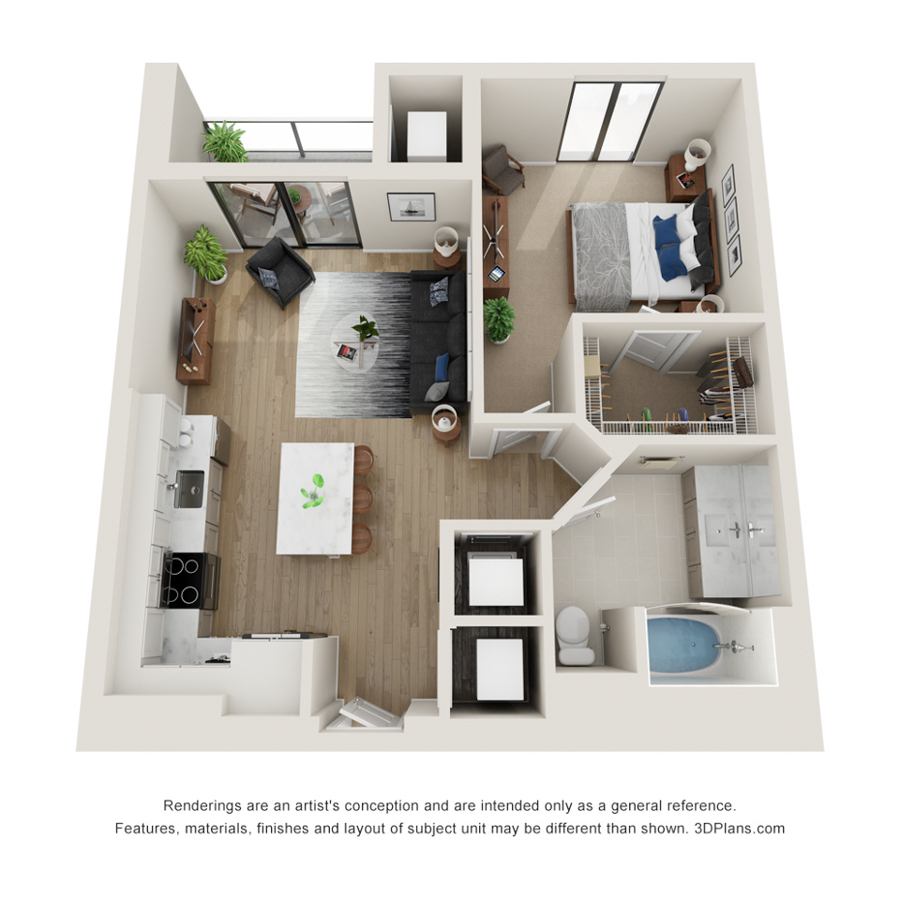 Rendering of the G floor plan with 1 bedroom[s] and 1 bathroom[s] at Evo