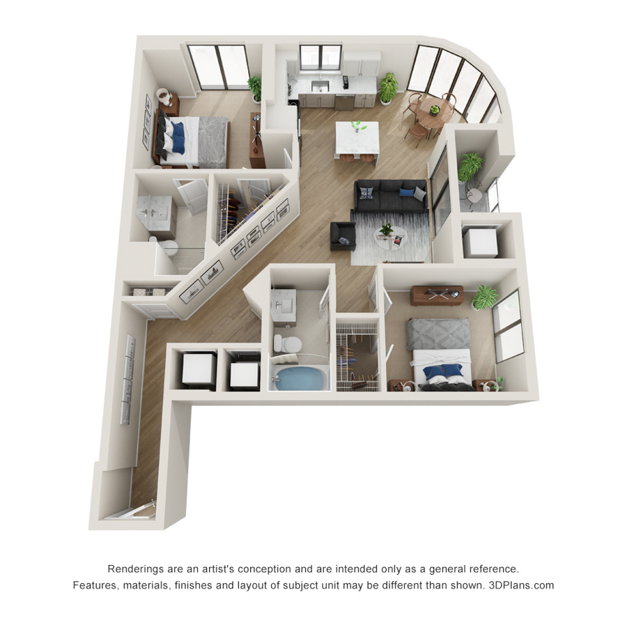 Rendering of the L.1 floor plan with 2 bedroom[s] and 2 bathroom[s] at Evo