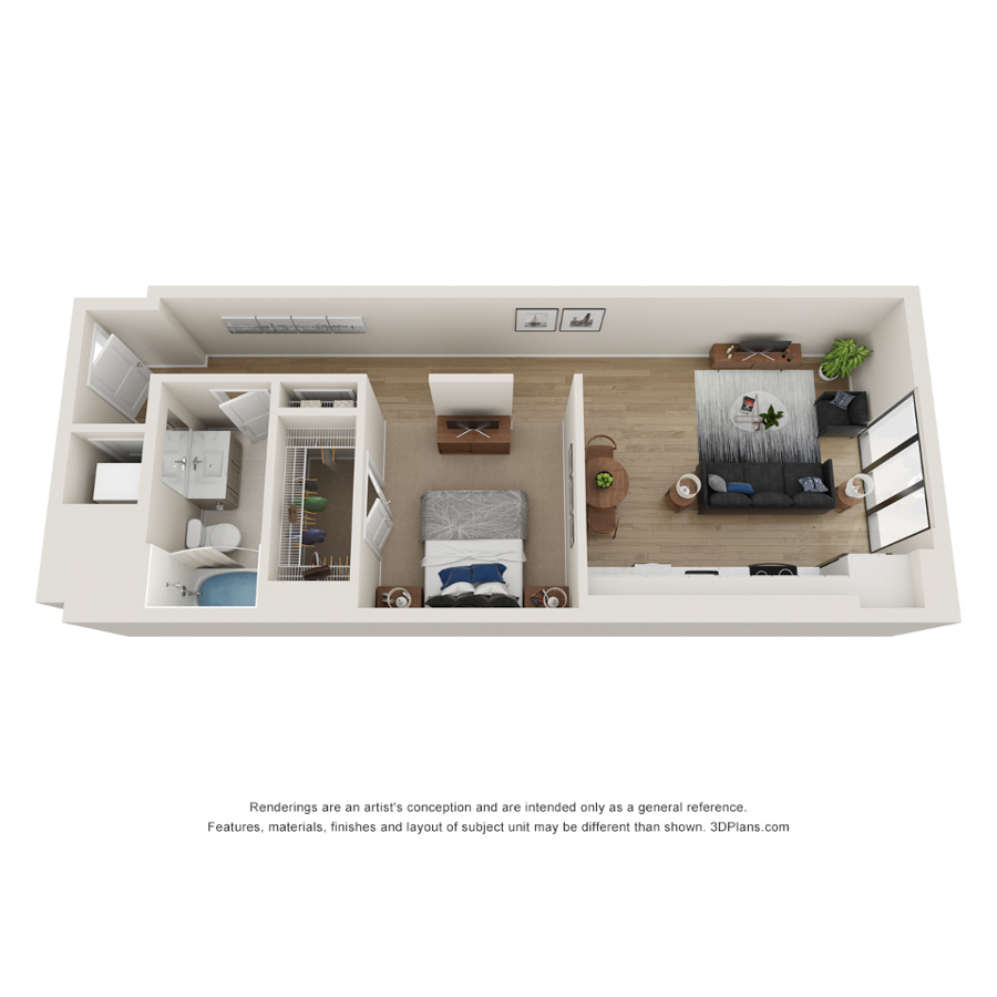 Rendering of the K.1 floor plan with a Studio bedroom and 1 bathroom[s] at Evo